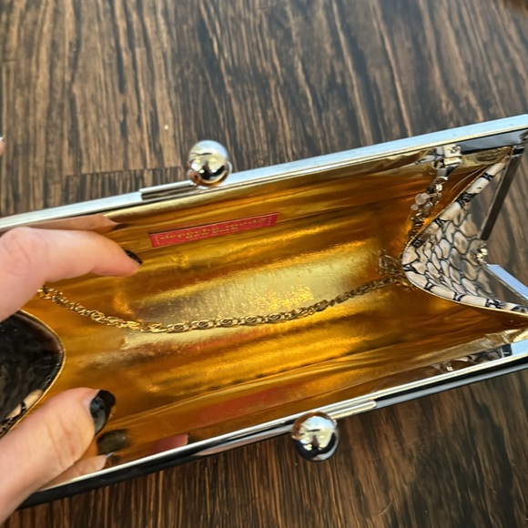 Brown/tan reptile-like print clutch w/ short silver chain. Never worn/like new. - Picture 2 of 3